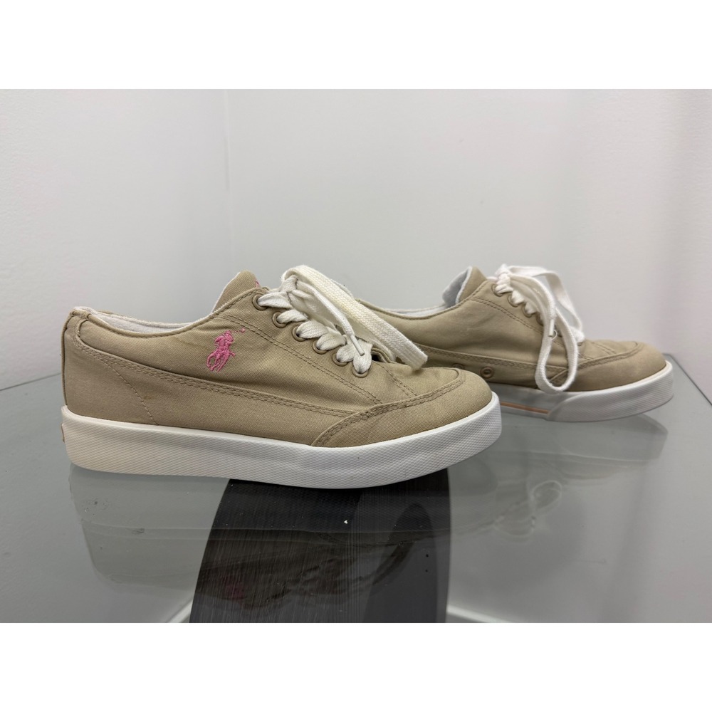 Polo Ralph Lauren Womens Khaki Canvas Sneakers Pink Pony 804975047 Size 7B